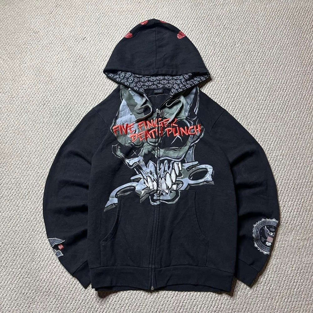 Y2K Vintage 2000s skater grunge Embroidered Five Finger Death Punch skull Hoodie - Picture 1 of 8